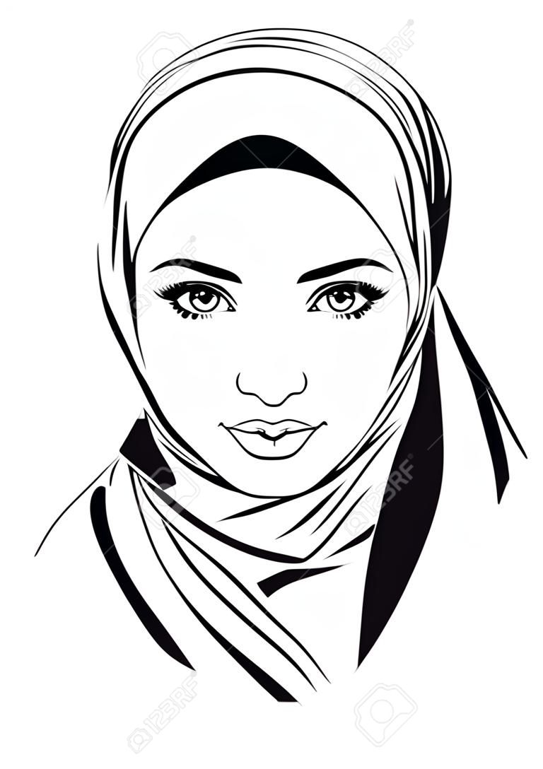Portret pięknej dziewczyny w muzułmańskiej wzorzyste hidżabu, ilustracji wektorowych, styl strony rysunku