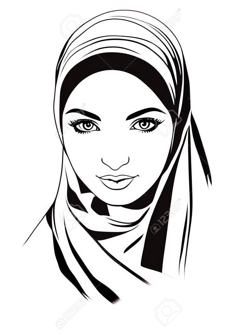 Retrato de la muchacha hermosa en hijab musulmán patrón, ilustración vectorial, estilo de dibujo a mano