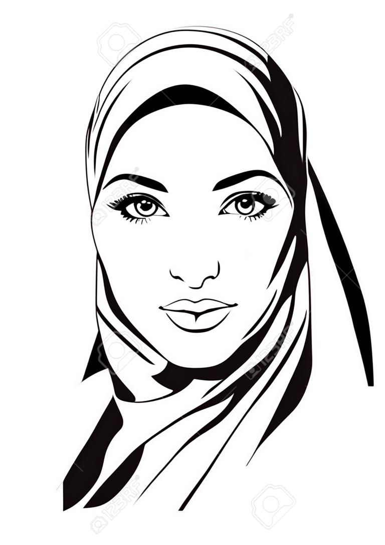 Portrait der muslimischen schönes Mädchen in gemusterten Hijab, Vektor-Illustration, Handzeichnung Stil