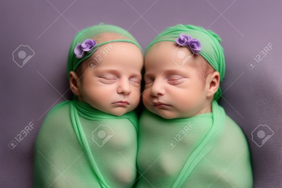 Headshot of fraternal twin newborn baby girls swaddled in light green and lavender stretch wrap material.