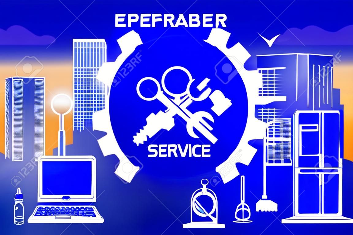 Repair, maintenance of household appliances - a symbol, sign in the form crossed screwdriver, wrench and magnifier with ribbon and gears. Against the background of the city, skyscrapers. For service