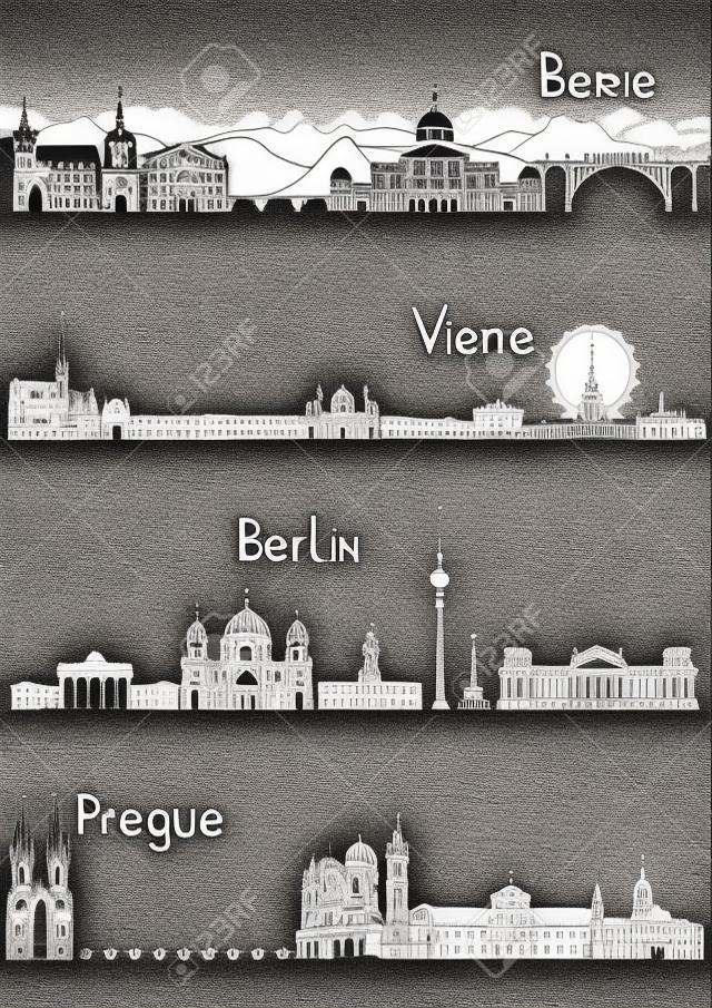 Die wichtigsten Sehenswürdigkeiten von vier europäischen Hauptstädten - Bern, Berlin, Wien und Prag, in schwarz und weiß Stil gezeichnet