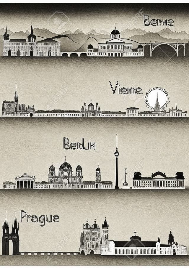 Die wichtigsten Sehenswürdigkeiten von vier europäischen Hauptstädten - Bern, Berlin, Wien und Prag, in schwarz und weiß Stil gezeichnet