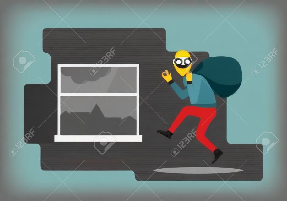 Funny thief character. Vector illustration. Bandit with bag. The robber in the mask comes out through the window.