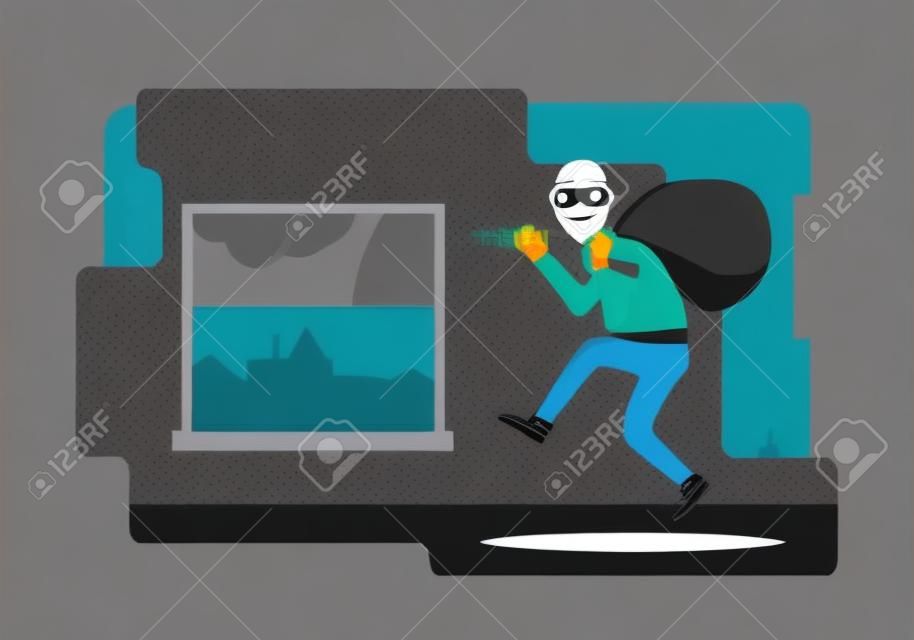 Carácter divertido ladrón. Ilustración vectorial. Bandido con bolsa. El ladrón de la máscara sale por la ventana.