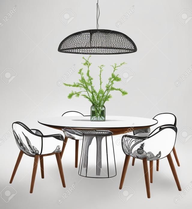 現代內部手圖畫餐桌和椅子wih植物。