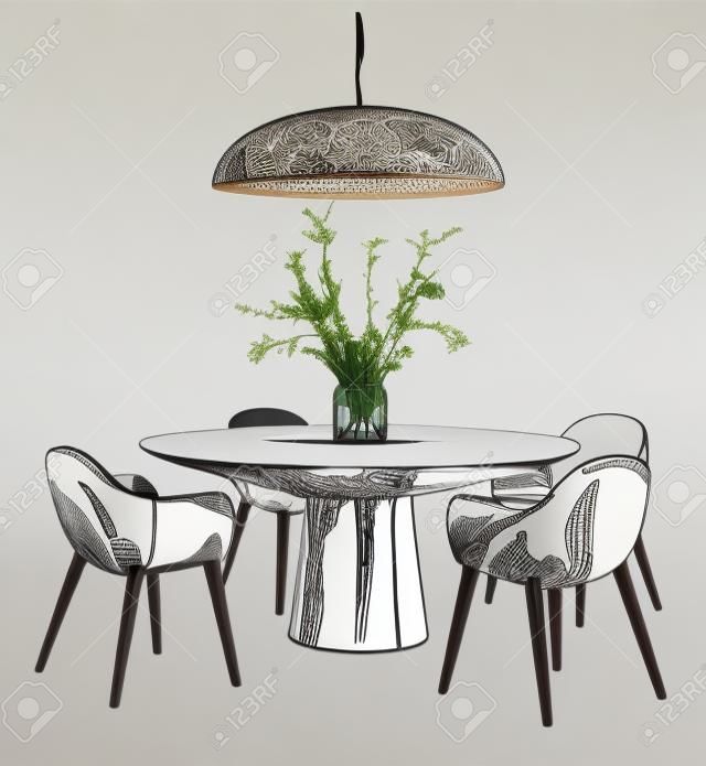 Современный интерьер ручной работы обеденный стол и стулья с растениями.