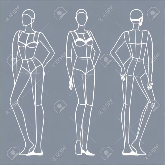 Mode sjabloon van vrouwen in staande poses. 9 hoofdgrootte voor technische tekening met hoofdlijnen. Lady figuur voor, zij-en achterkant. Vector schets meisje voor mode schetsen en illustratie.