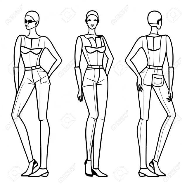 Modèle de mode des femmes dans des poses debout. 9 tailles de tête pour le dessin technique avec des lignes principales. Vue de face, de côté et de dos de la figure de la dame. Fille de contour de vecteur pour le dessin et l'illustration de mode.