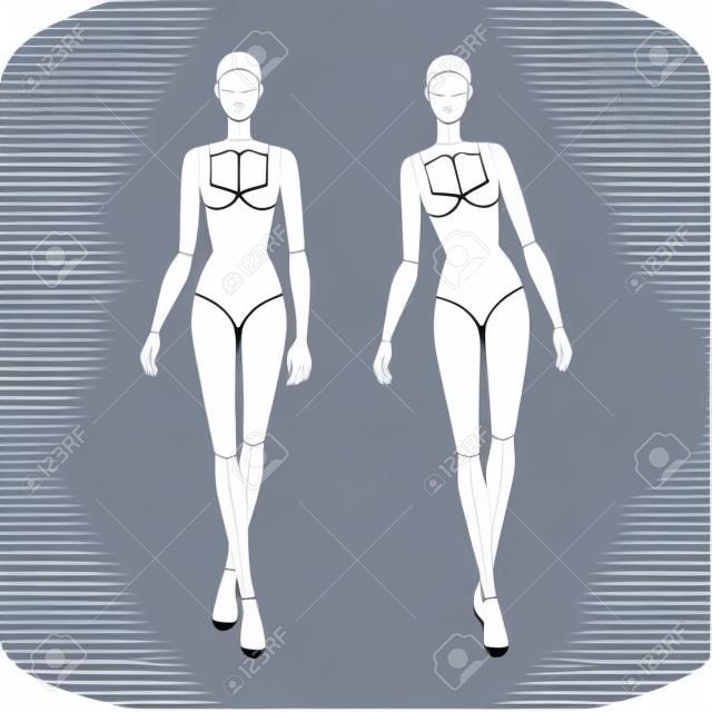 Fashion template of walking women. 9 head size for technical drawing with main lines. Lady figure front view. Vector outline girl for fashion sketching and illustration.