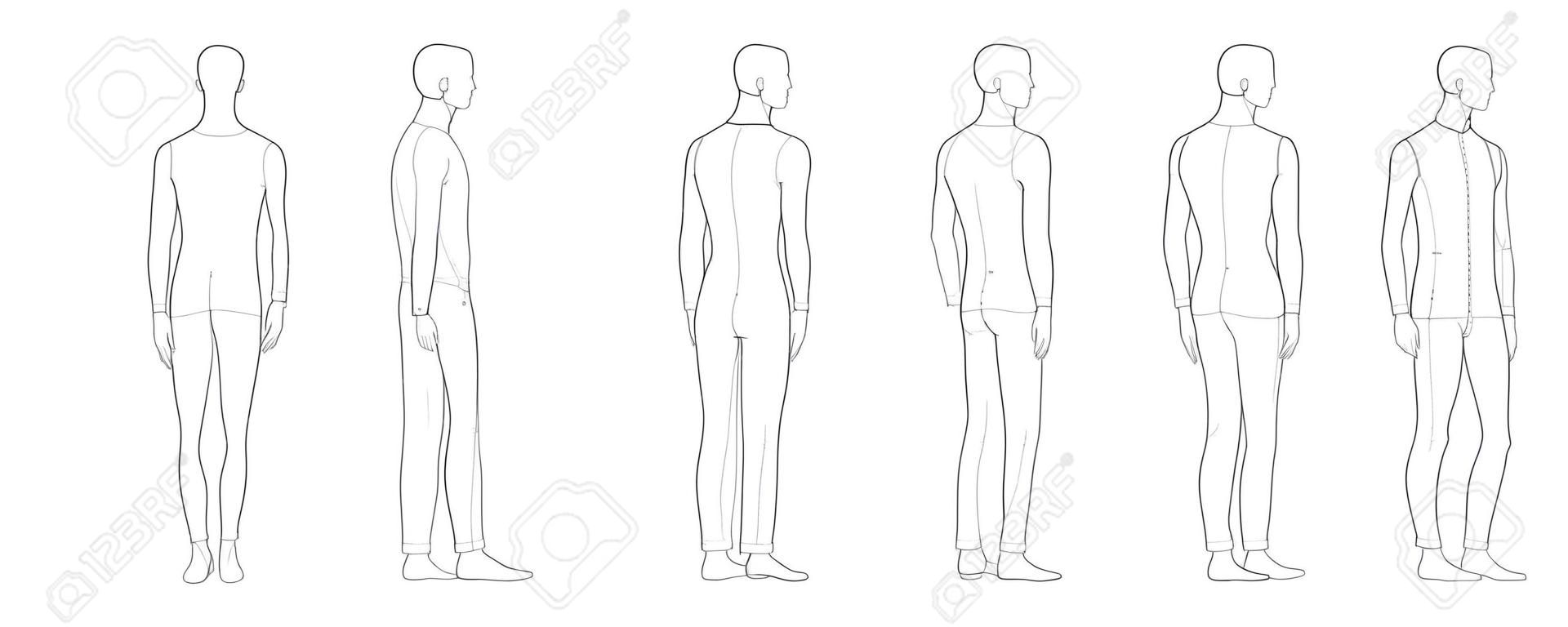 Fashion template of standing men in 8 point of view. 9 head size for technical drawing. Gentlemen figure front, side, 3-4 and back. Vector outline boy for fashion sketching and illustration.