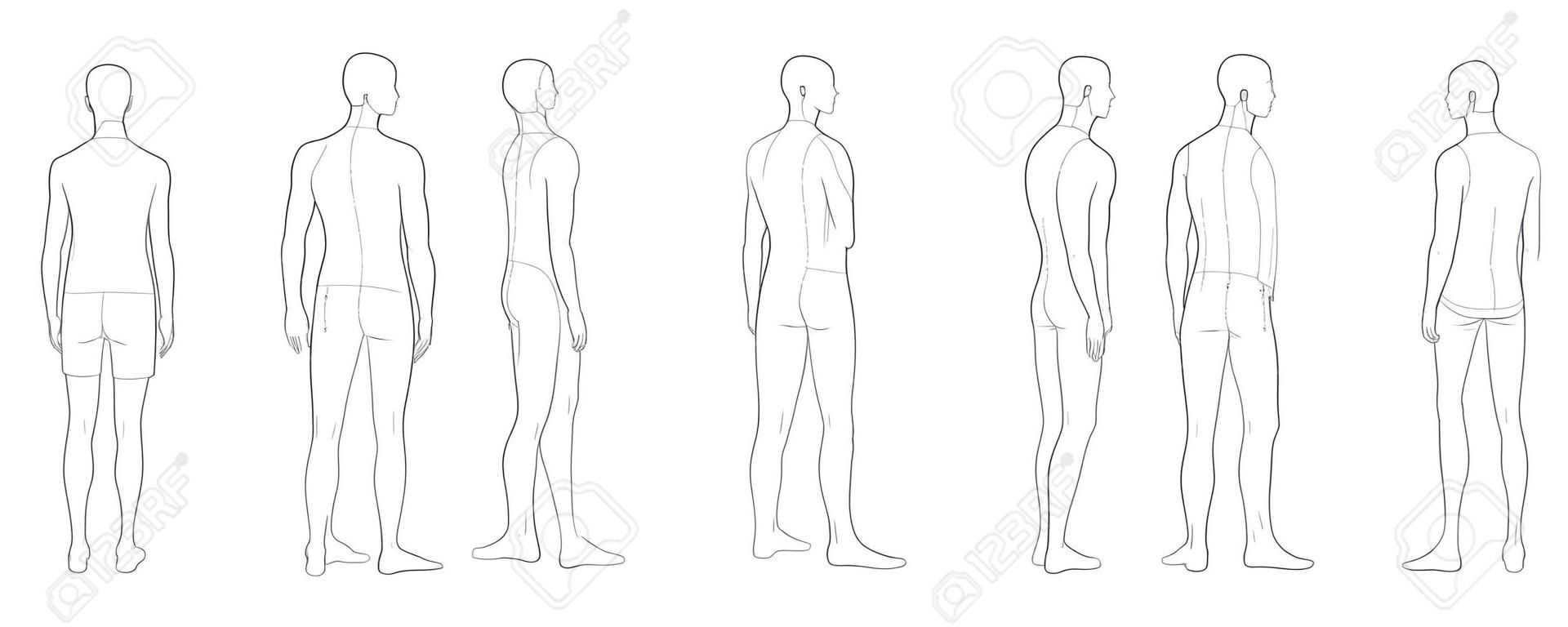 Fashion template of standing men in 8 point of view. 9 head size for technical drawing. Gentlemen figure front, side, 3-4 and back. Vector outline boy for fashion sketching and illustration.