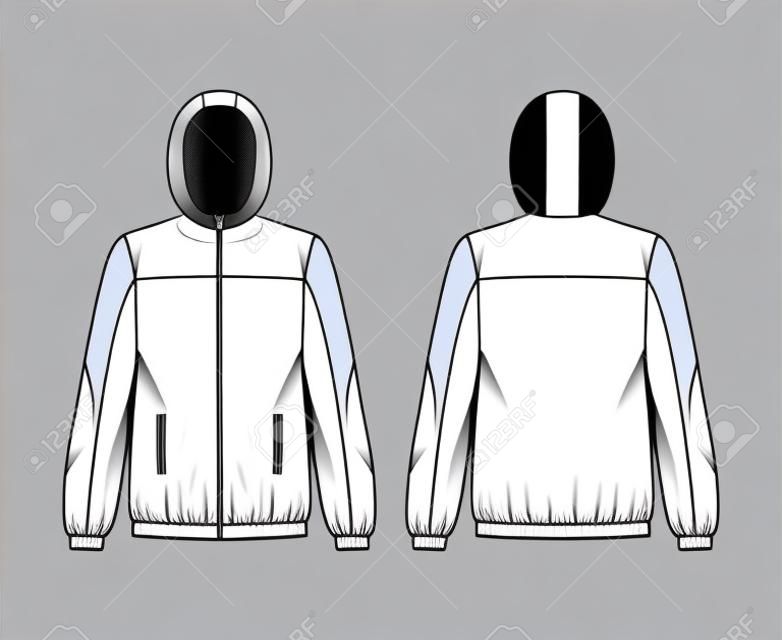 Windbreaker jacket technical fashion illustration with hood, oversized, long sleeves, welt pockets, zip-up opening. Flat coat template front, back white color style. Women, men, unisex top CAD mockup