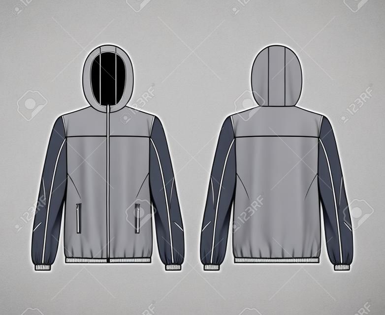 Windbreaker jacket technical fashion illustration with hood, oversized, long sleeves, welt pockets, zip-up opening. Flat coat template front, back white color style. Women, men, unisex top CAD mockup