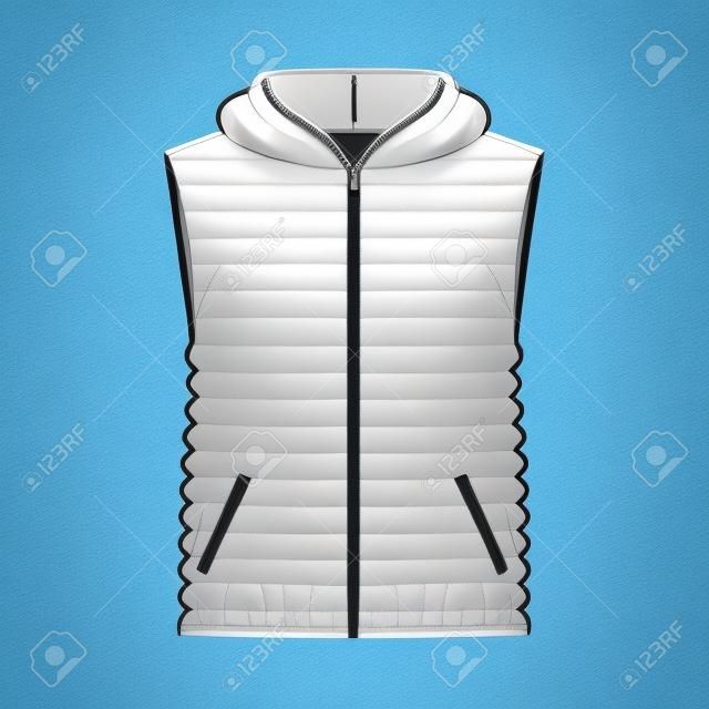 Down vest puffer waistcoat technical fashion illustration with sleeveless, hoody collar, zip-up closure, hip length, narrow quilting. Flat template front, white color style. Women, men top CAD mockup