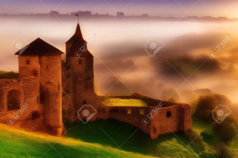 landscape with ancient fortress in the mist at dawn