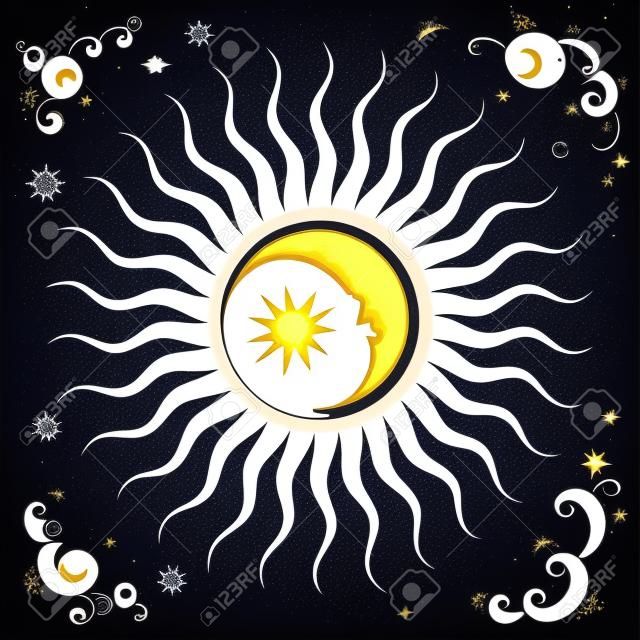 하늘, 태양, 달, 구름, 빈티지 손으로 그린​​ 벡터 일러스트 레이 션 디자인 요소 별