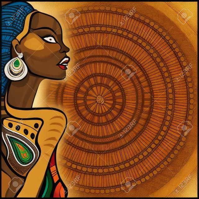 美しいアフリカ女性のプロフィール。手には、民族のイラストが描かれました。