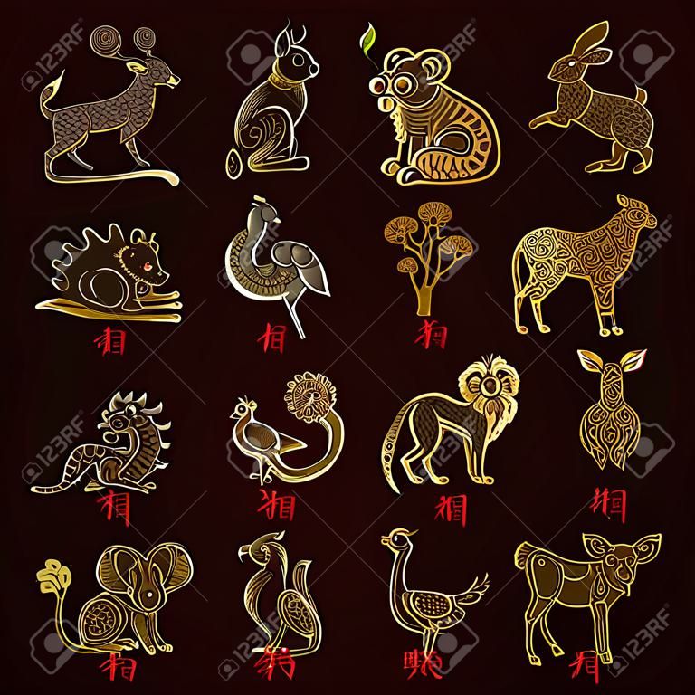 中國十二生肖。套黃道帶標誌。手工繪製的插圖，卡通風格。矢量星座動物。