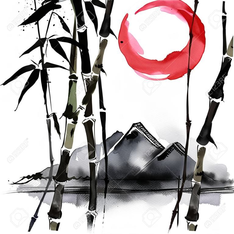 Bamboo in Japanese style. Watercolor hand painting illustration