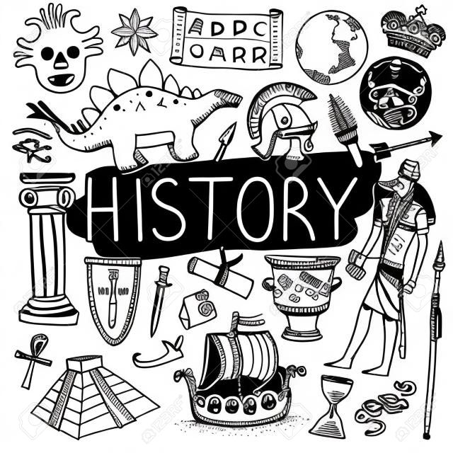 Geschiedenis hand getekende doodles. Vector terug naar school illustratie op witte achtergrond.