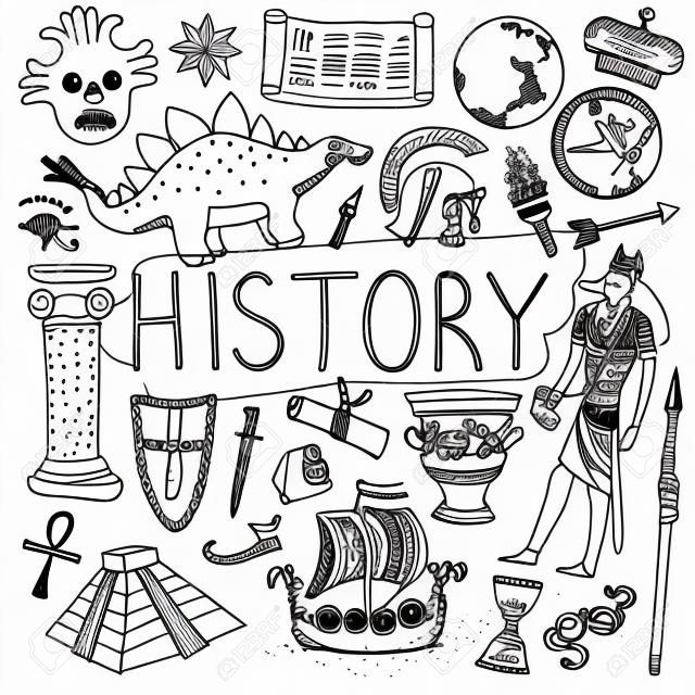 Geschiedenis hand getekende doodles. Vector terug naar school illustratie op witte achtergrond.