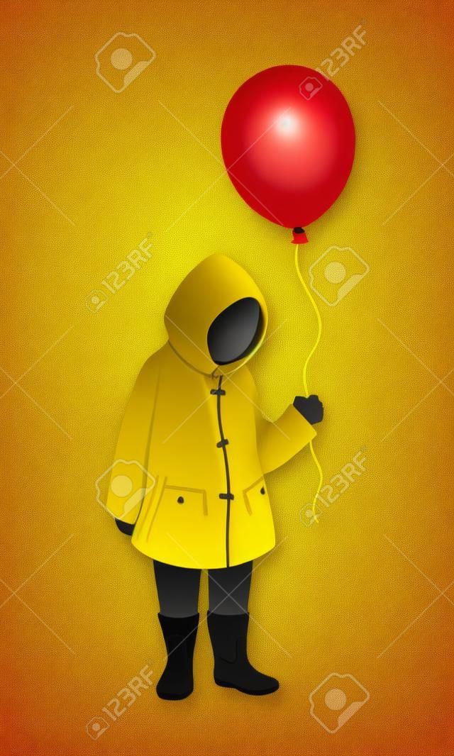 Faceless boy in yellow raincoat holds red balloon. Horror vector illustration on dark background.