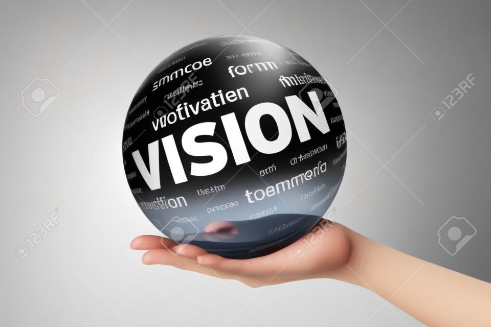 Hand holding a Vision 3D Sphere sign on white background.