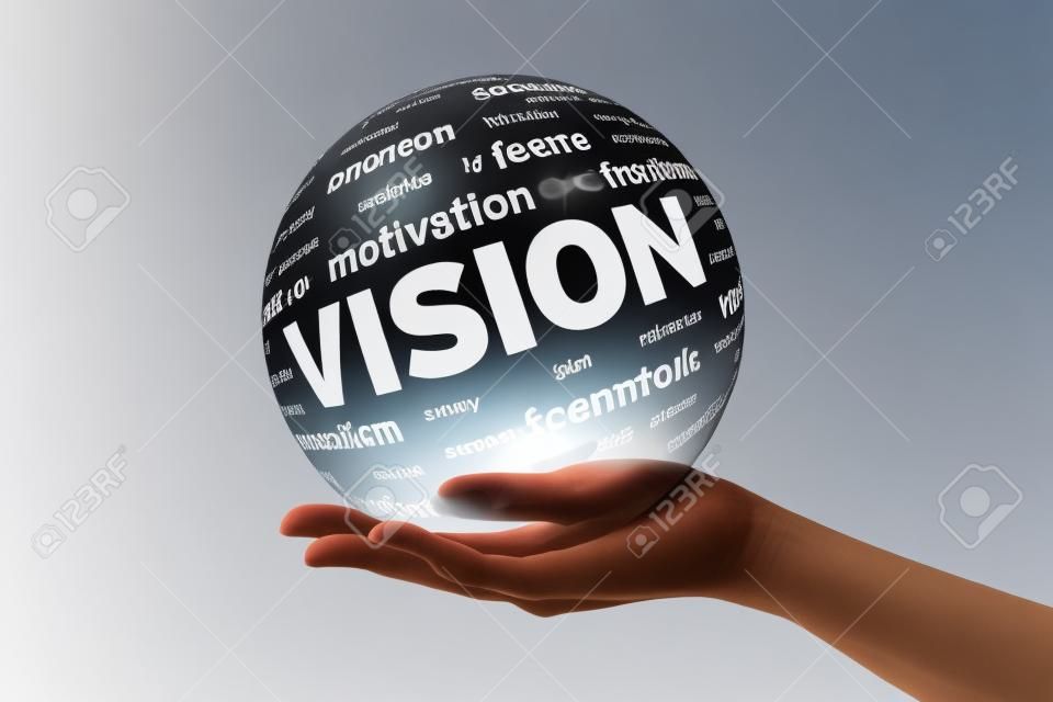 Hand holding a Vision 3D Sphere sign on white background.