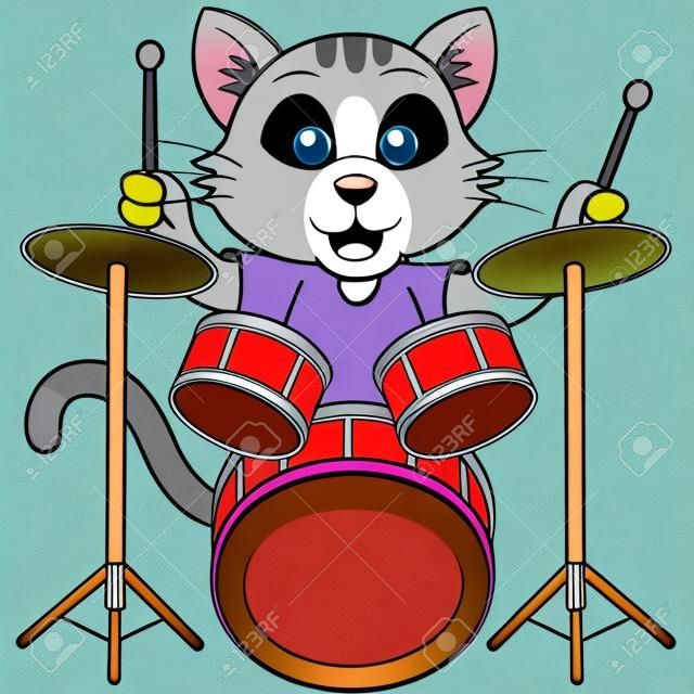 Gato de dibujos animados a tocar la batería