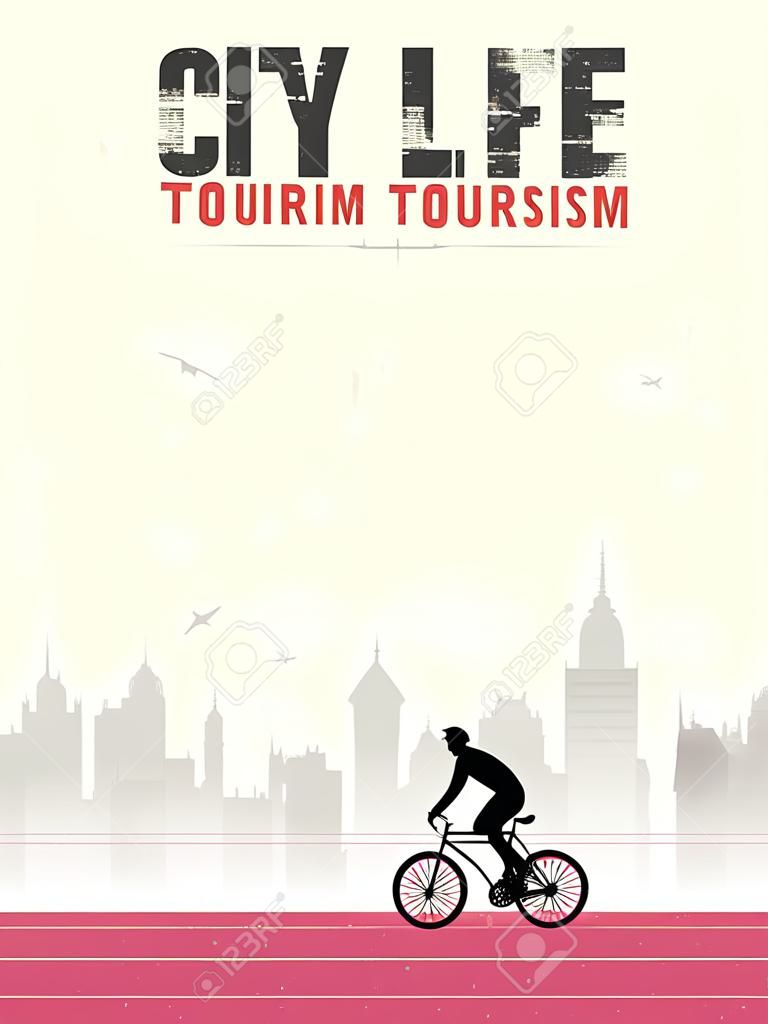 平面设计风格的城市生活自行车旅游
