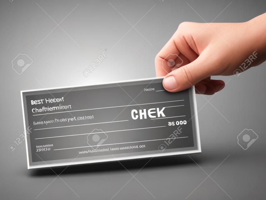 concepto de negocio: 3d mano sosteniendo un cheque sobre fondo gris
