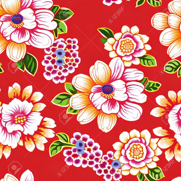 Taiwan Hakka culture floral seamless pattern over red