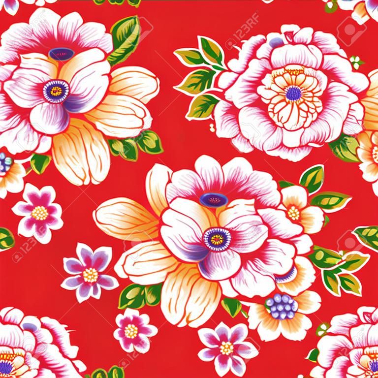 Taiwan Hakka culture floral seamless pattern over red