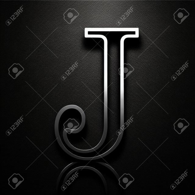 3d metallic black letter J isolated on black background