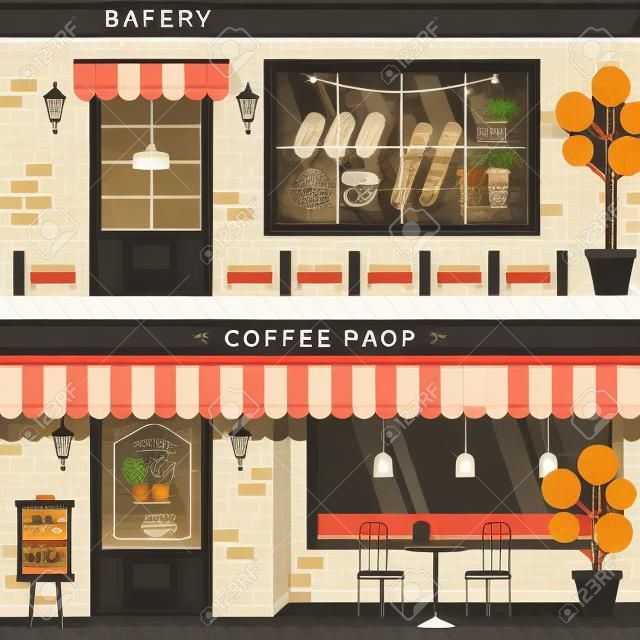 retro flat design of coffee shop and bakery facades