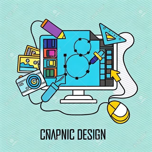 графический дизайн концепция: компьютерные и элементы дизайна в стиле линии