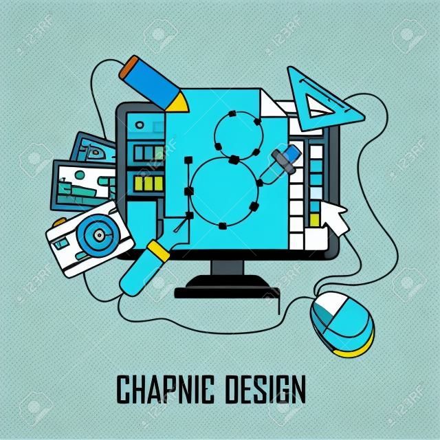 graphic design concept: computer and design elements in line style