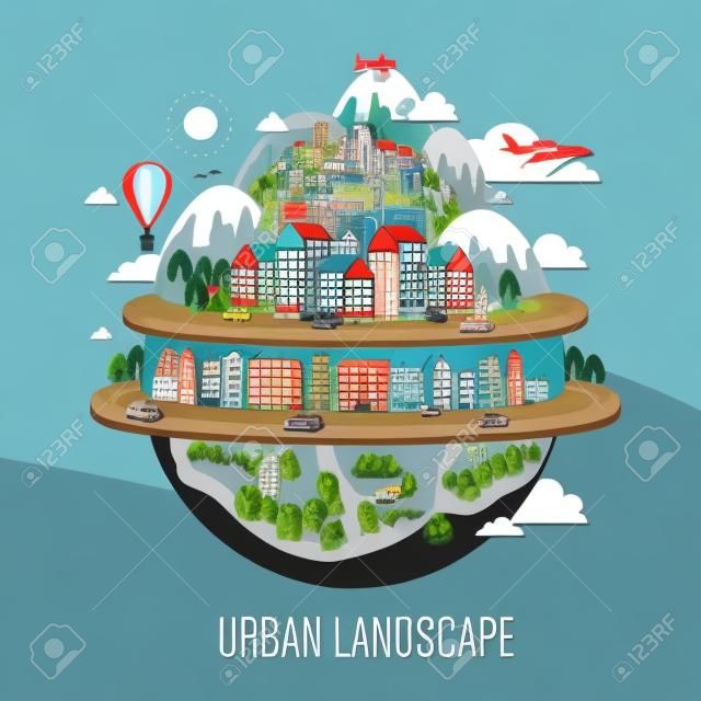 concepto de paisaje urbano: ciudad atractiva en estilo de línea