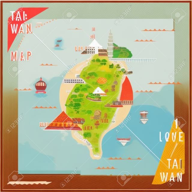 かわいい台湾旅行のランドマークと有名なスナックの地図