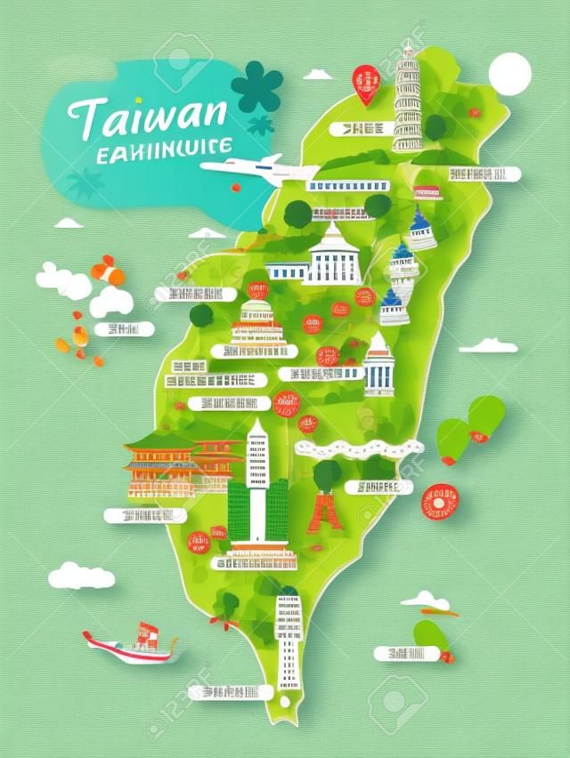 Taiwan Sehenswürdigkeiten von Reise-Karte in flache Bauform