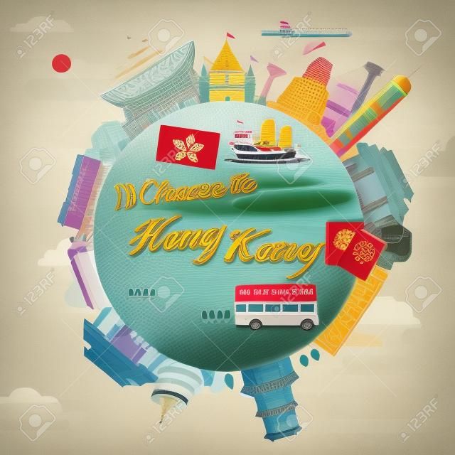 フラット スタイルで創造的な Hong Kong ツアー コンセプト ポスター デザイン