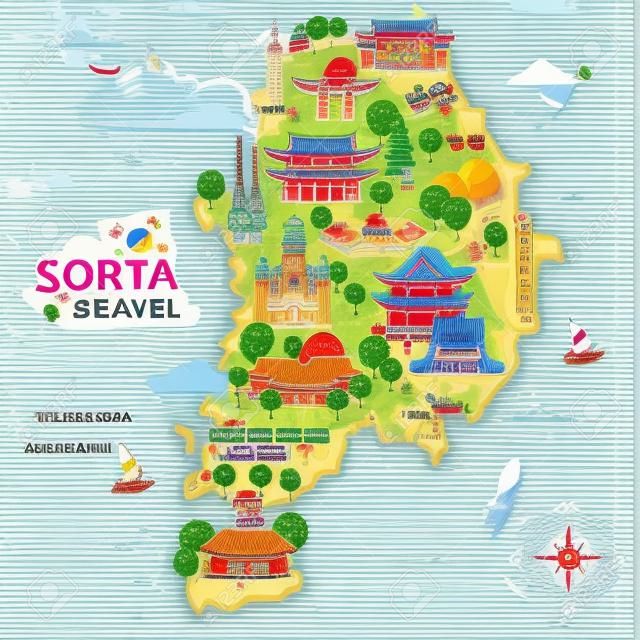五顏六色的景點可愛的韓國旅行地圖