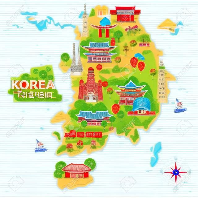 五顏六色的景點可愛的韓國旅行地圖