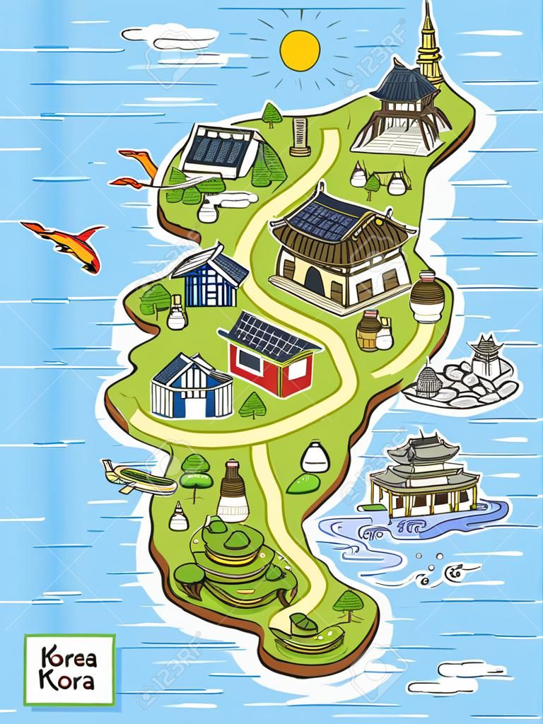 прекрасная Корея карта путешествия концепции в рисованной стиле