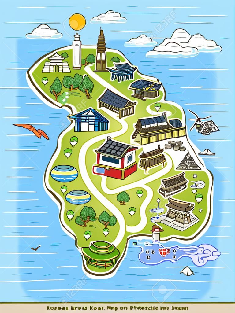 schöne Korea Reise-Konzept Karte in Hand gezeichnet Stil