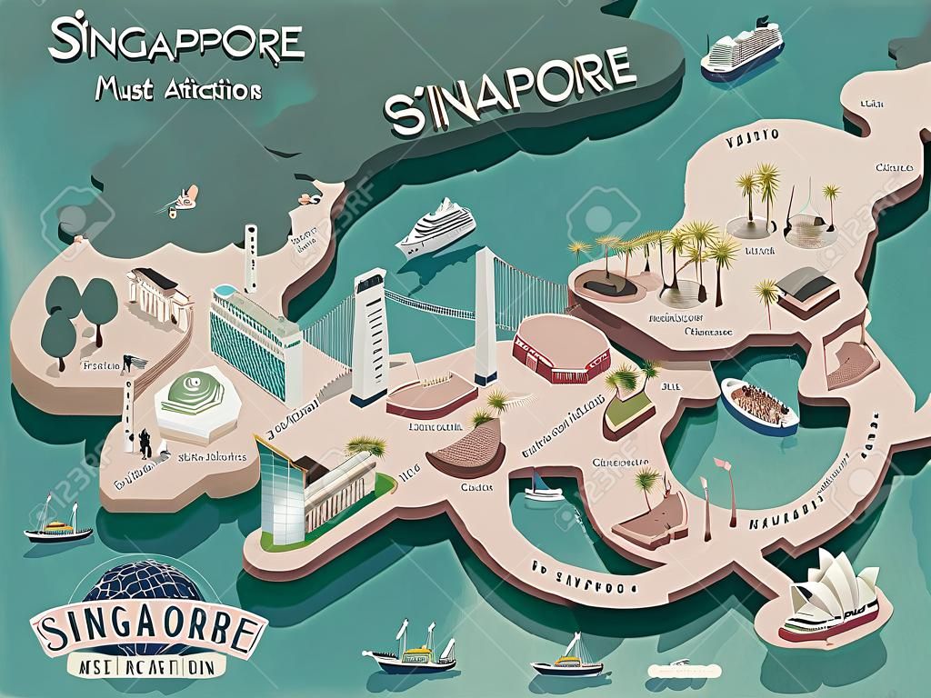 belle Singapour doit voir les activités de voyage Carte dans la conception en 3D isométrique