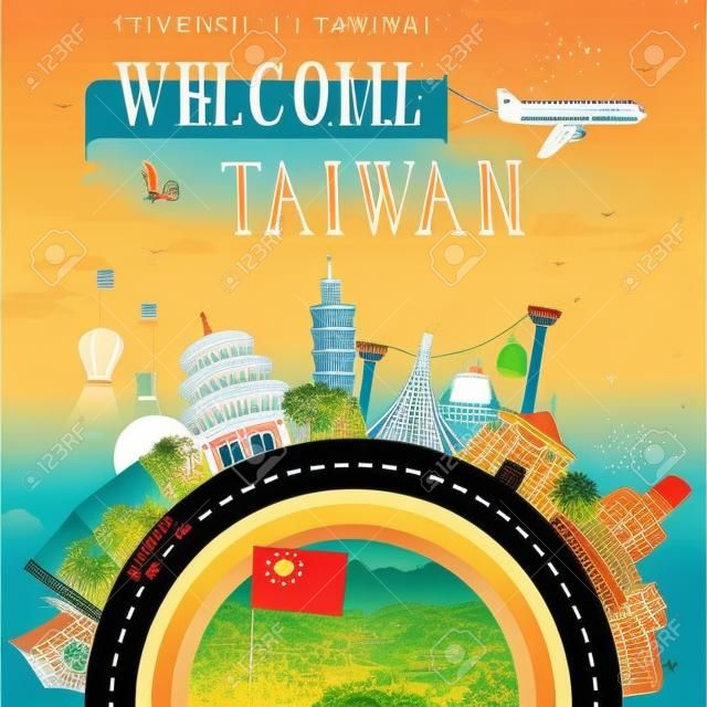 schöne Taiwan-Reise-Plakat-Design mit berühmten Sehenswürdigkeiten