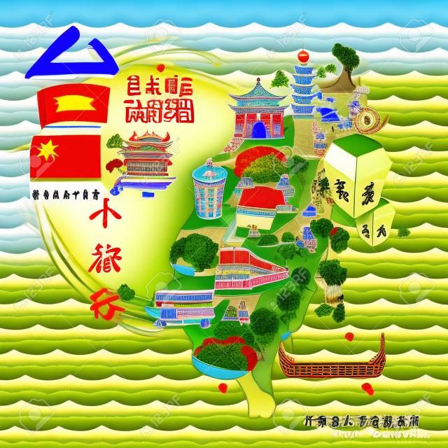 Atrakcje Tajwan map - Tajwan podróżować w chińskich słów na górnej lewej i błogosławieństwo słowa w chińskiej na niebie latarni