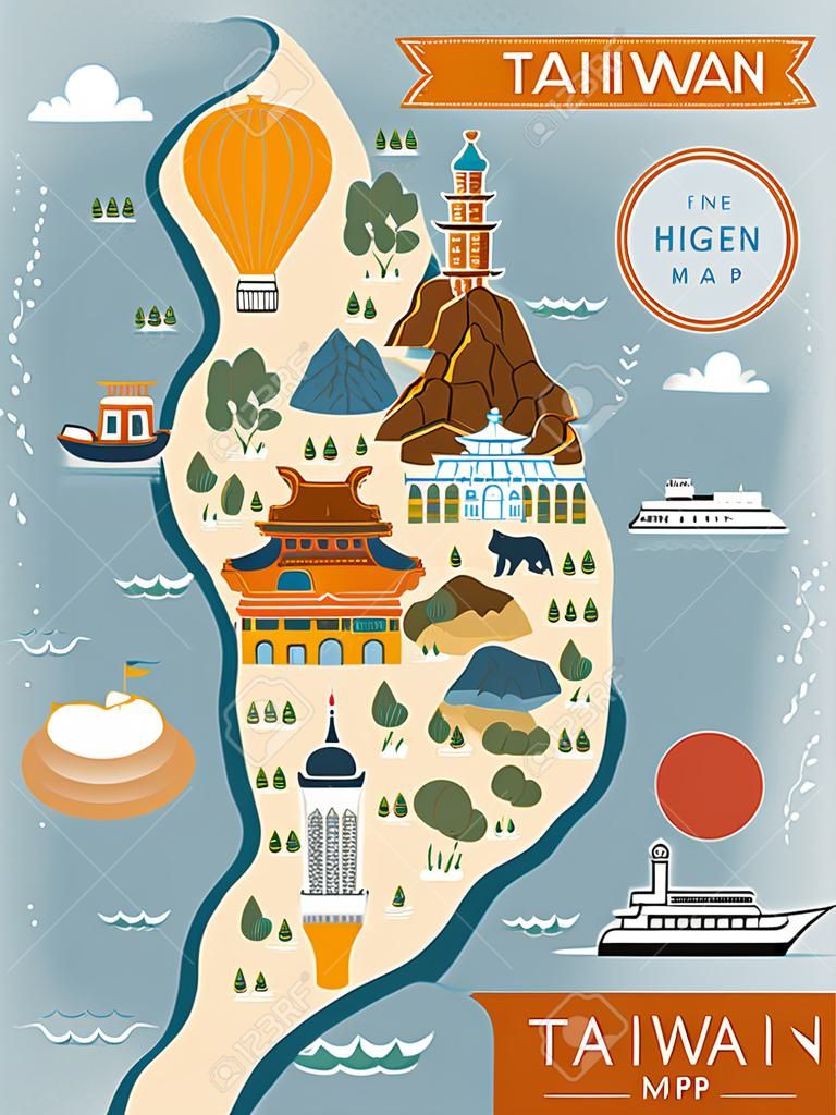 可愛的台灣旅遊地圖設計在平面樣式